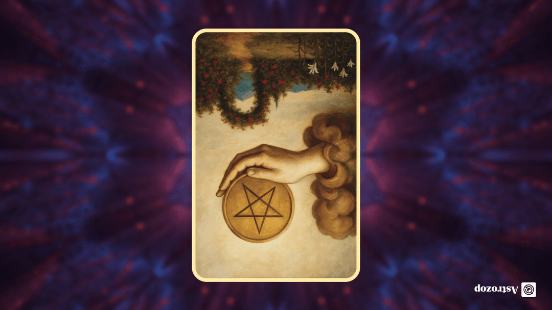 Ace of Pentacles tarot card showing a hand emerging from clouds holding a golden coin