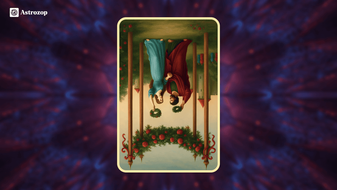 Reversed Four of Wands tarot card showing the celebratory canopy upside down