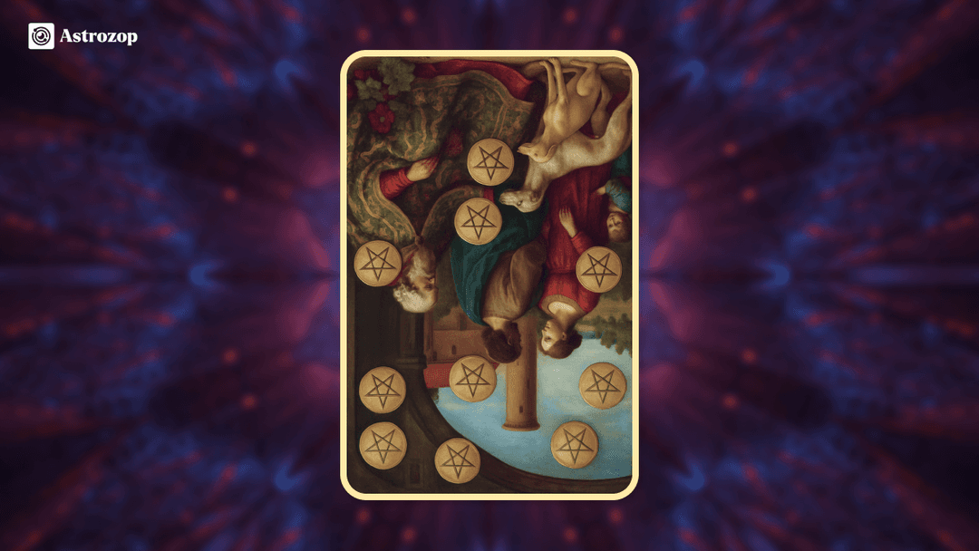 Reversed Ten of Pentacles tarot card showing disrupted family and scattered pentacles
